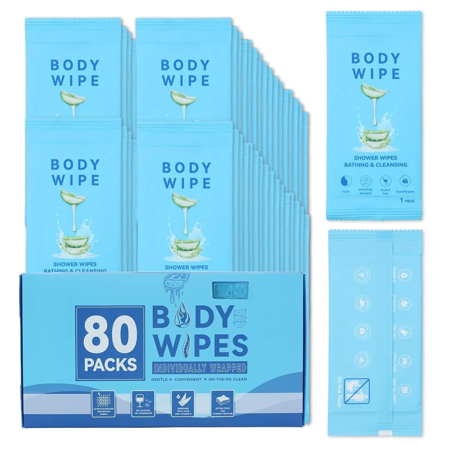 80 count  Wipes Individually Wrapped (9.29" x 8"), Large Shower Wipes for Adults Bathing No Rinse, Portable Personal Cleansing for Gym, Camping, Hiking, Backpacking,Bulk Homeless Supplies