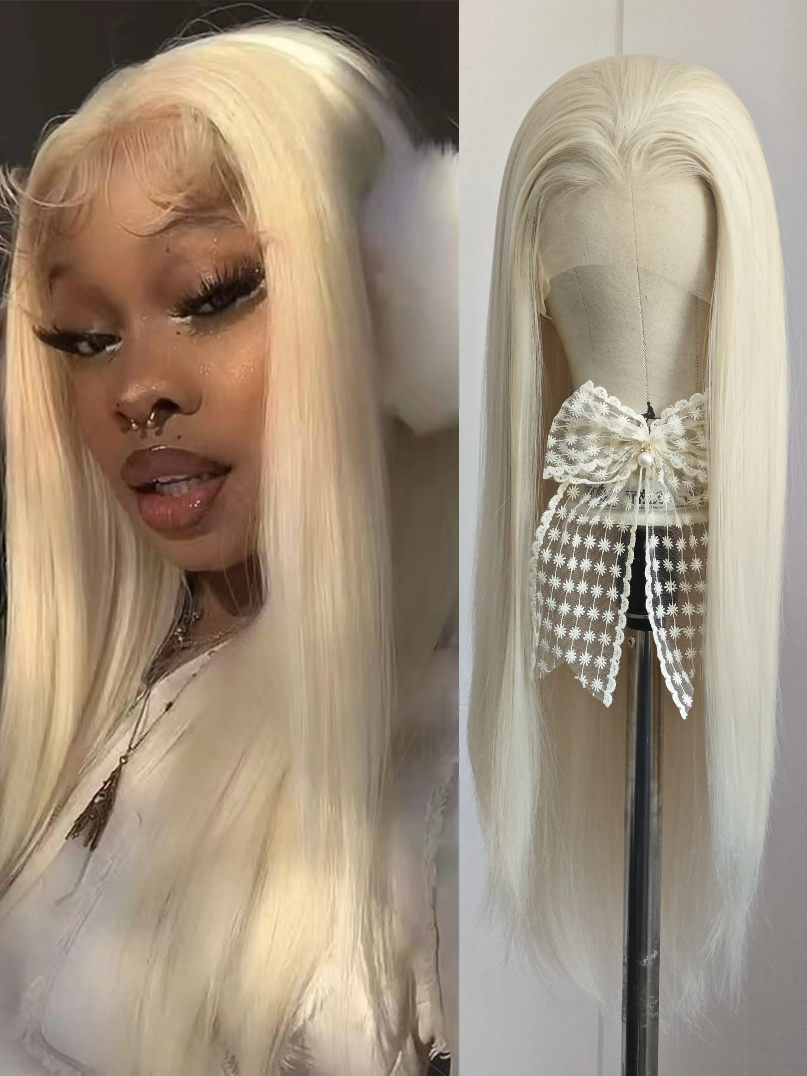 Platinum Blonde Straight Hair Synthetic Smooth Wig Heat Resistant 13×4 Deep Lace Natural Hairline Lace Front Wig for Women Men Cosplay Makeup Use, Party Wigs, Hairstyle Wigs, Light Blonde Long No Bangs Wig Natural Looking Snug Fit Wig