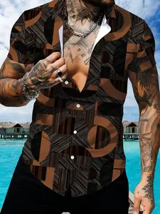 Men's Short Sleeve Shirt, 3D Digital Geometric Print, Casual Collar Shirt, Slim-Fitting, All Seasons, Light Mature Style, Casual Summer Streetwear