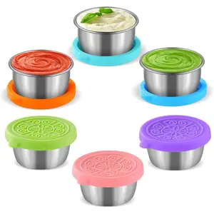 6 Pack 1.6OZ Salad Dressing Containers To Go, Advanced Stainless Steel Condiment Containers with Silicone Lids Easy to Open, Leakproof colorful Compact Salad Sauce Cups Easy to Carry Everyday