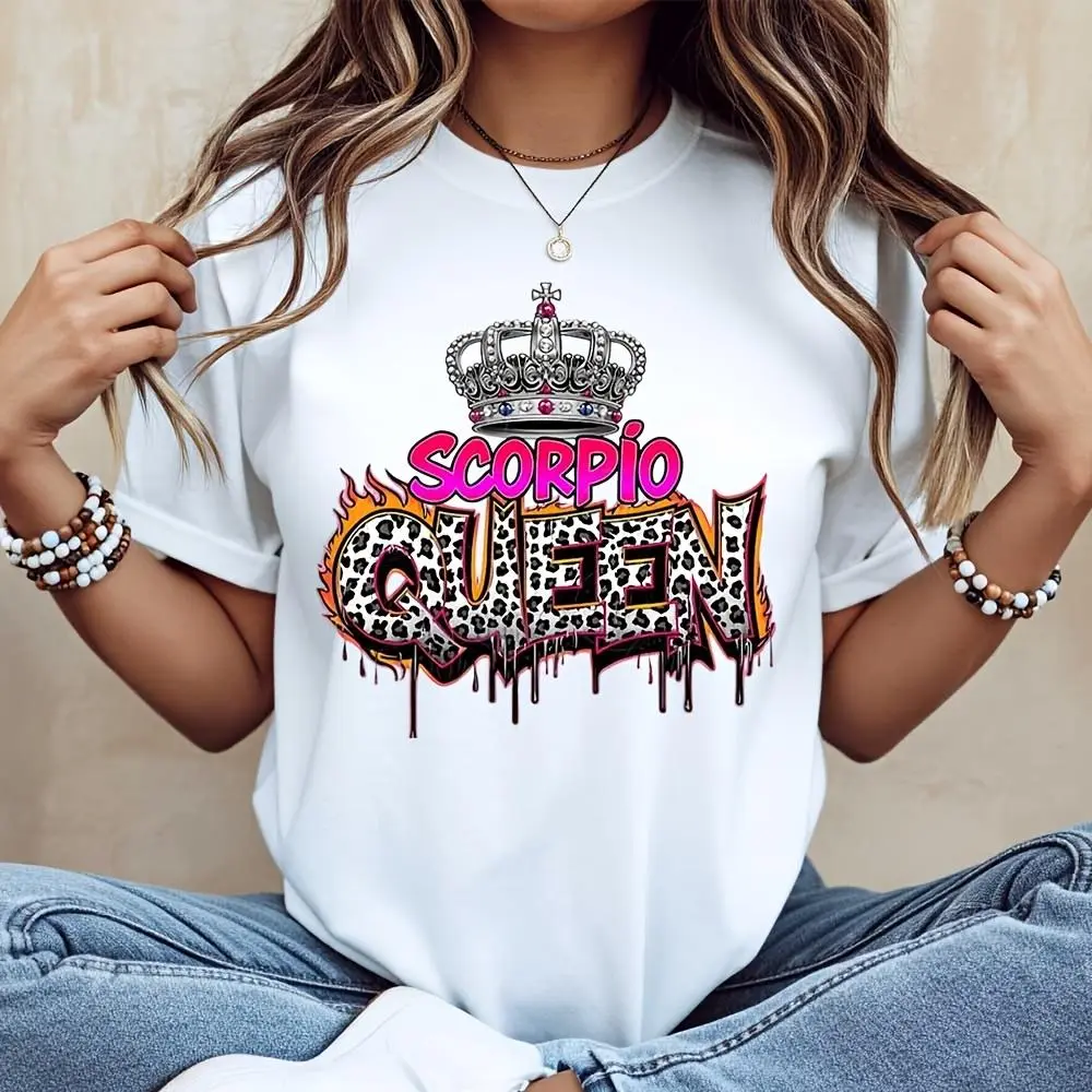 Scorpio Queen Crown Leopard Print Graphic T-Shirt, Zodiac Astrology Birthday Gift For Women, Casual Streetwear Daily Outfit Top