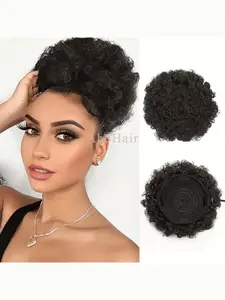 Afro Puff Drawstring Ponytail Extension For Women, Kinky Curly Hair Afro Bun Ponytail Hairpieces, Human Hair Natural Look Curly Hairpiece For Hairstyles