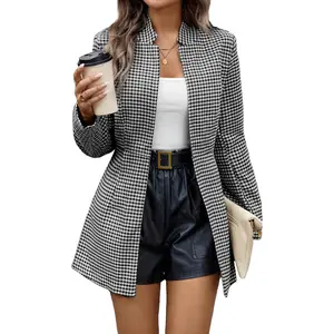 Mina Self 2026 Spring Plaid Women’s Long Blazer Jackets - Houndstooth Open Front Notched Lapel Office Casual Clothing