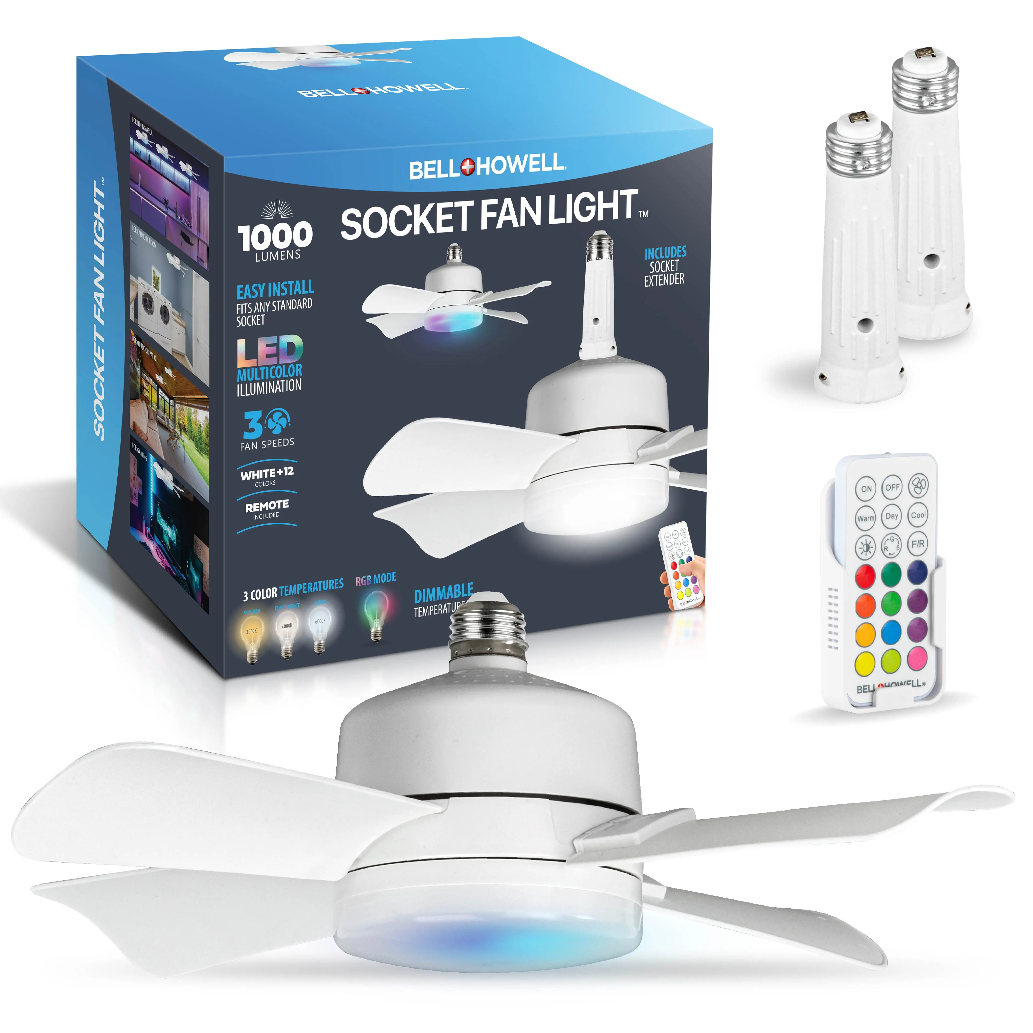 Bell+Howell Screw-In Socket Fan - The Original Remote Controlled Socket Ceiling Fan & Light - 1000 Lumens, 3 Speeds, 2-in-1 LED & Fan, Durable Double-Layer Blades, Wireless Installation