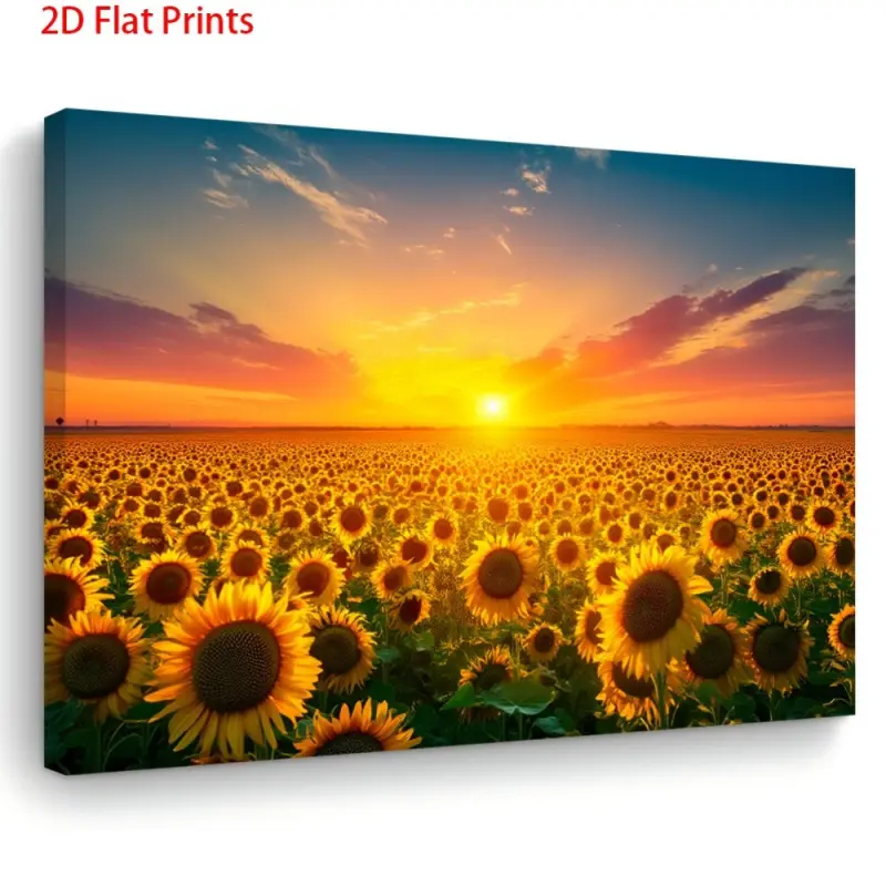 2D Flat Single Frame Canvas Painting - Sunset Sunflower Field Wall Art, Ready to Hang, Classic Style, Pine Frame, Canvas Ink Painting, Suitable for Living Room, Bedroom, Kitchen, Home Office, Dining Room Decoration, Perfect Halloween and Christmas Gift