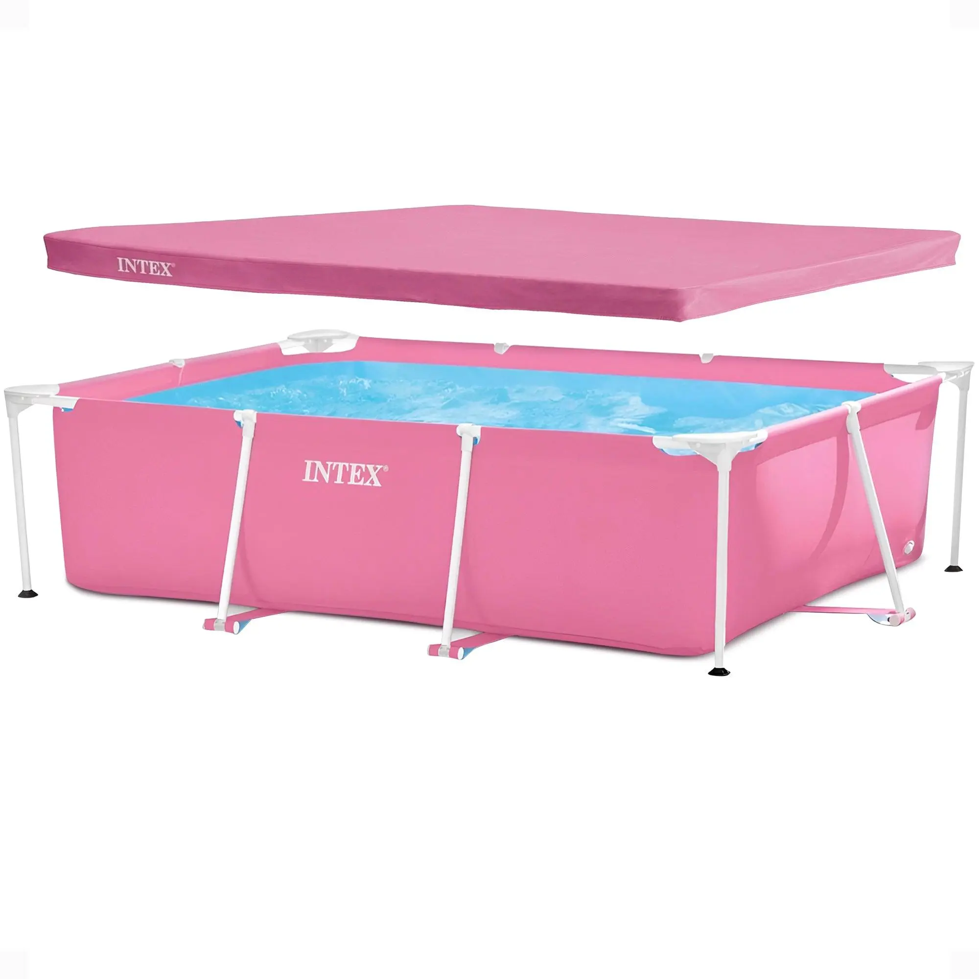 Intex 7' x 5' x 23.5" Metal Frame Above Ground Pool with Rectangular Cover, Pink Intex 7' x 5' x 23.5" Metal Frame Above Ground Pool with Rectangular Cover, Pink