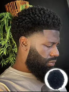 African Men'S Explosive Curly Wig Afro Human Hair Top Hairpiece, Human Hair Top Hair Replacement System, Durable Thin Pu Base, V-Looped Ring-Shaped Biomimetic Scalp Design, Repairs Thinning Hair On The Top Of The Head