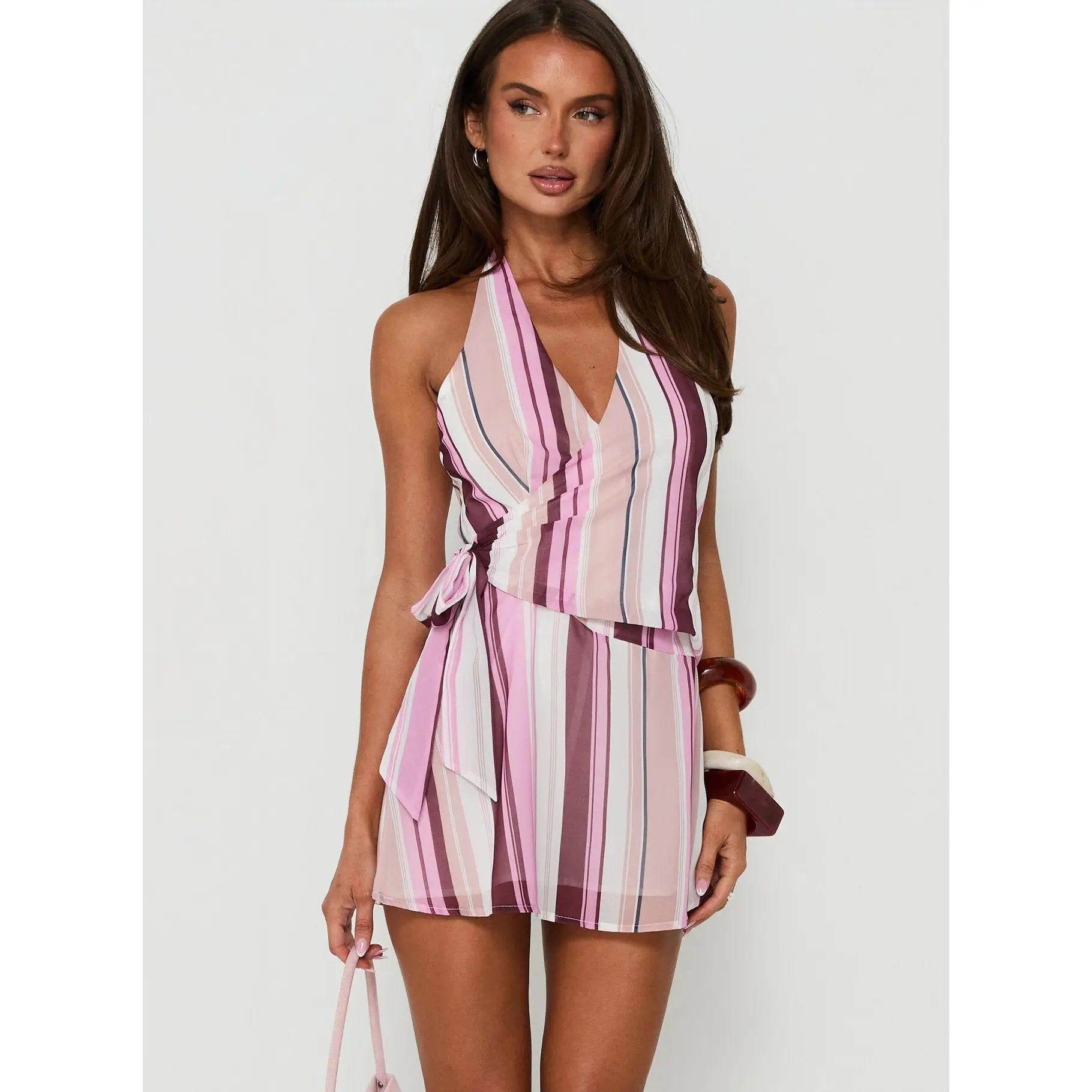 Yanna Tie Front Halter Neck Playsuit Pink Stripe