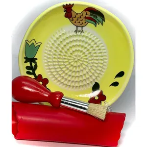 All-in-one Premium Ceramic Garlic Grater Plate 4-Piece Set - Rooster Design, Classic Style - For Garlic, Ginger, Chocolate, and more!- Comes with 5.25" Plate, Peeler, Brush, and Stand