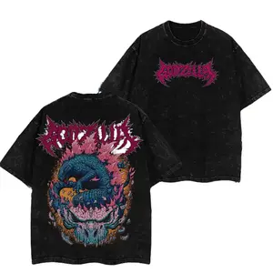 Godzilla Graphic Tee Vintage Acid Wash Oversized T-Shirt Monsterverse Kaiju Retro Streetwear Heavy Metal Print Double Sided Heavyweight Cotton Top Casual Y2K Graphic Shirt For Men Women Pop Culture Geek Gift Gym Pump Cover