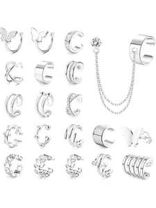 20 Pcs Ear Cuff Earrings for Women Cuff Chain Earrings Clip on Helix Cartilage Wrap Cuff Earring Non Pierced Adjustable Ear Clip Silver
