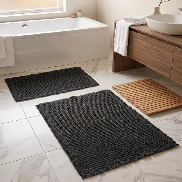 Homewear Watson Waffle Bath Rug Set 2 Piece 17x24 and 20x32 Inch, 1000 GSM Bathroom Rugs, Soft Absorbent Bath Mats, Non Slip SEBS Backing, Quick Dry Machine Washable, Black, Everyday