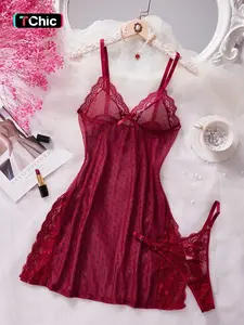 Women's Wine Lace Babydoll Nightwear Set, Transparent Polka Dot Mesh Sleep Gown with Adjustable Straps, Romantic Lining, Special Occasion Wear