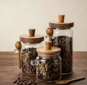 Coffee Bean Storage Jar with High Borosilicate Glass Acacia Wood Lid Moisture Proof Seasoning Bottle for Kitchen Grains and Cereal Wooden Lidded Sugar