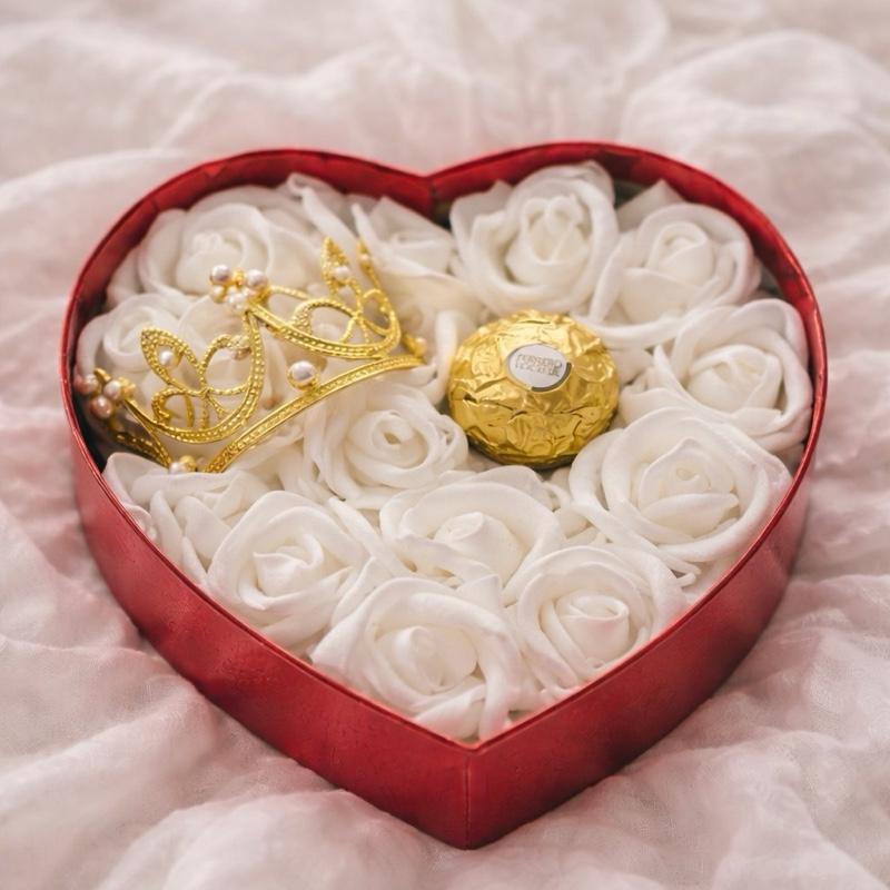 Thelis Luxury Eternal Flower Box with Red Roses and Gold Ferrero Rocher Chocolates in Heart Shape Packaging