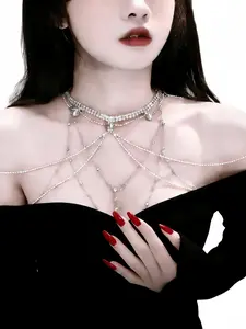 Elegant Evening Gown Accessories, Fringe Shoulder Chain, Fashion Rhinestone Body Chain, Unique High-End Necklace, Water Drill Chest Chain