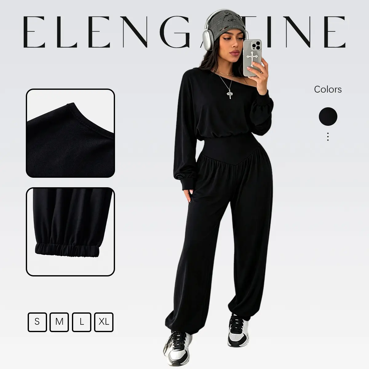 Elengatine Women's Polyester Comfortable Fashion Apparel Black Off-Shoulder Wide Neck Long-Sleeve High-Waist Overalls - Relaxed-Fit Jogger Pants with Elastic Cuffs, for Travel, Daily Wear