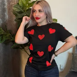 Rhinestone Heart T-Shirt - Black Tee with Red Sequin Hearts for Women's Fashion