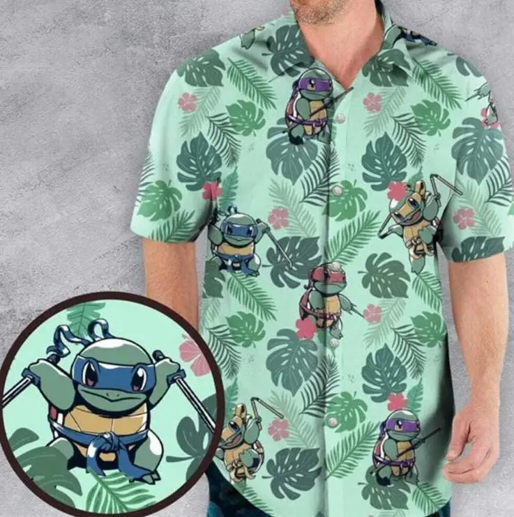 Ninja Squirtle Hawaiian Shirt, Aloha Anime Blastoise Button Up Shirt