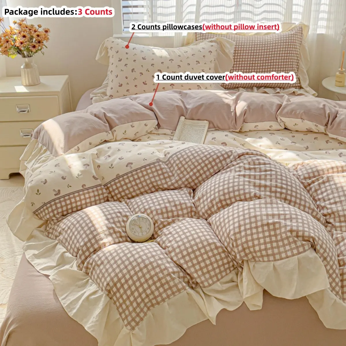 3-piece khaki checkered mushroom print lace comfy bedding set ,1pc duvet cover + 2pc pillowcases(without comforter and pillow insert),100%polyester fabric, suitable for Single, Twin, Double, and Queen sizes,  machine washable