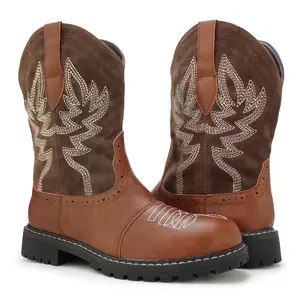 Hawkwell Women's Mid Calf Western Cowboy Cowgirl Cowboots Boot Round Toe Embroidered Fashion Boots Walking Shoes Brown Leather