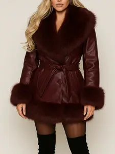 Wine Pu leather coat with puff details