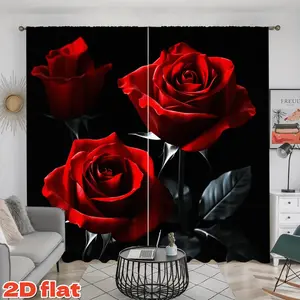 2D Flat 2Pcs Red Roses Pattern Window Curtains, Solid Black Background Drapes, Semi Sunshade Polyester Fabric Panels for Home Decor, Living Room, Bedroom, Dining, Kitchen, Office, Anti Privacy