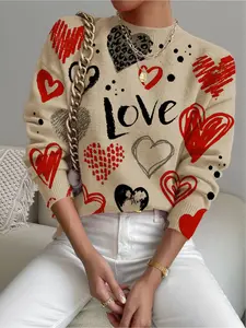 Women's Heart Letter Print Stand Collar Sweater, Casual Long Sleeve Knitwear for Fall Winter, Comfortable Warm Daily Wear
