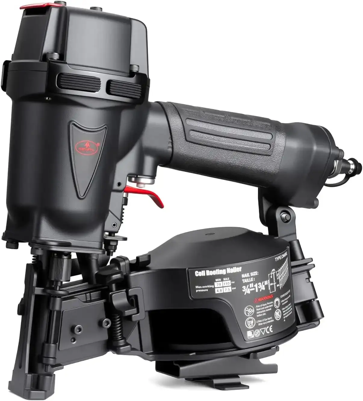 15 Degree Coil Roofing Nailer for 3/4″ up to 1-3/4″ Roofing Nails| 120-Nail Coil Capacity, 70–110 PSI, Professional Heavy-Duty Pneumatic Tool, Suitable for Asphalt Roof Shingle Installation