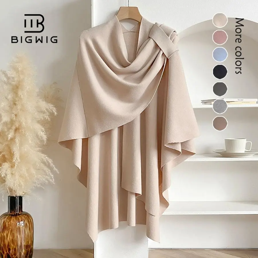 BIGWIG Women's Trendy Solid Open-Front Cape Shawl, Casual Soft Knit Classy All-Seasons Wrap, Vintage Large-Size Warm Fashion Accessory for Women, Casual Soft Shawl, Trendy Solid Shawl