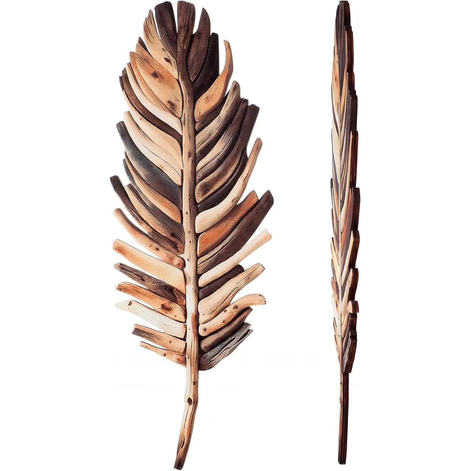 Yerliker 2 Pcs Wooden Driftwood Leaf Wall Art Decor Hanging Sculpture Farmhouse Botanical Hanging Living Room Bedroom Bathroom Kitchen Office Boho Home Decorations 16-5.5''(Vintage Brown)
