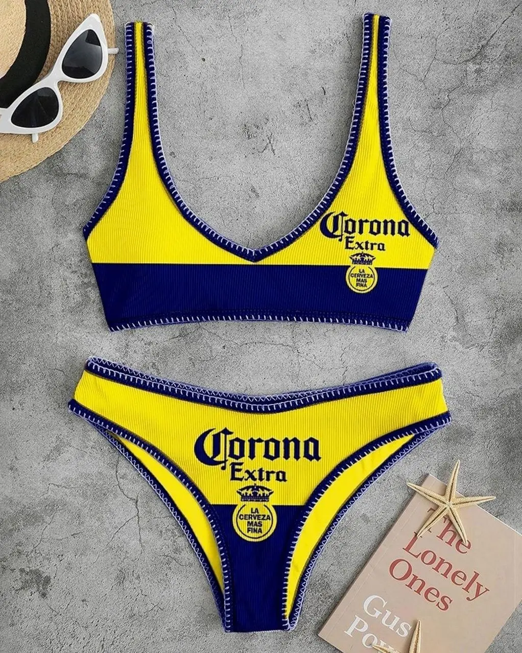 Corona Extra Contrasting Letter Print Casual Yellow and Blue Bikini Sets HBQ BJ4