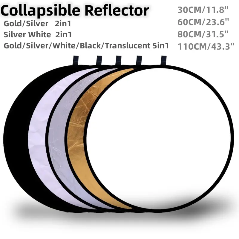 5-In-1 Circular Portable Reflector, & Silver Color Outdoor Foldable Diffuse Photography Light Reflector, Studio Photos 7in1, Photographic Fill Light, Photography Camera Accessories