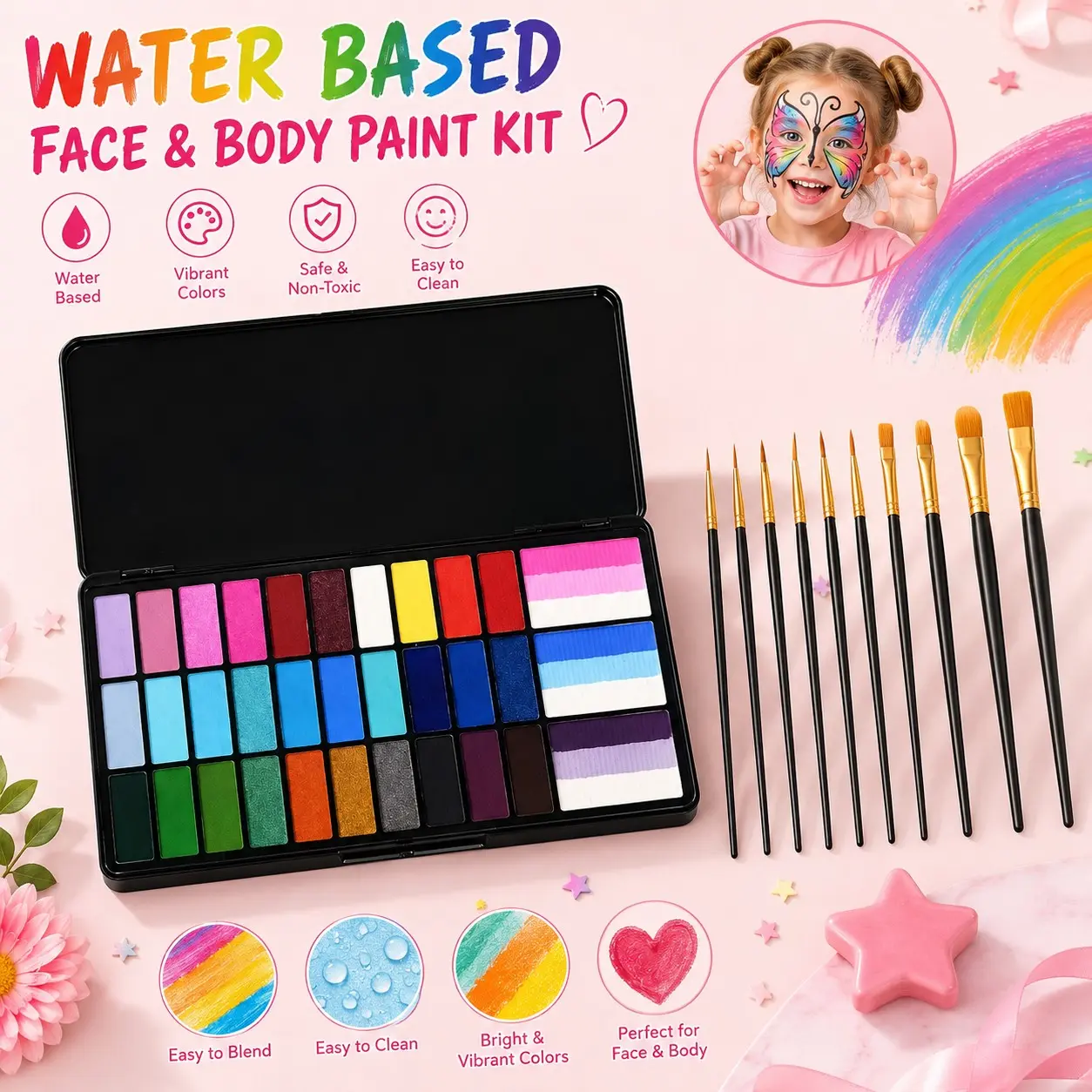 39-Color Water-Soluble Face Paint Set, Includes Brush, Bright Colors, Easy to Apply and Clean, Ideal for DIY Body and Facial Art, Creative Activity Kit