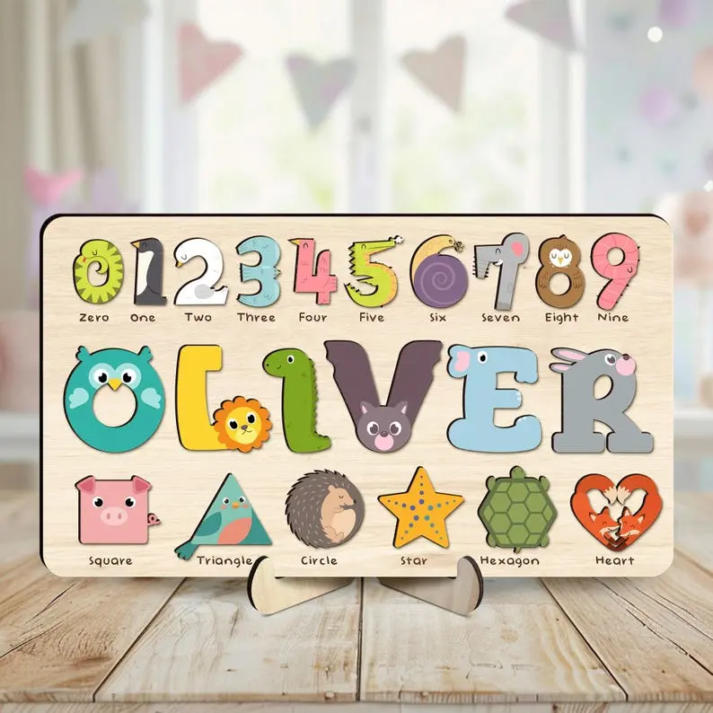 Personalized Name Puzzle Board for Kids, Custom Wooden Name Puzzle with Numbers, Geometry Shapes, ABC Shape & Number Puzzle, Baby Birthday Gift
