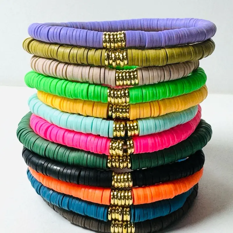 Heishi Bracelets with Gold-Plated Spacers - Unisex Polymer Jewelry, BFF Friendship Gift