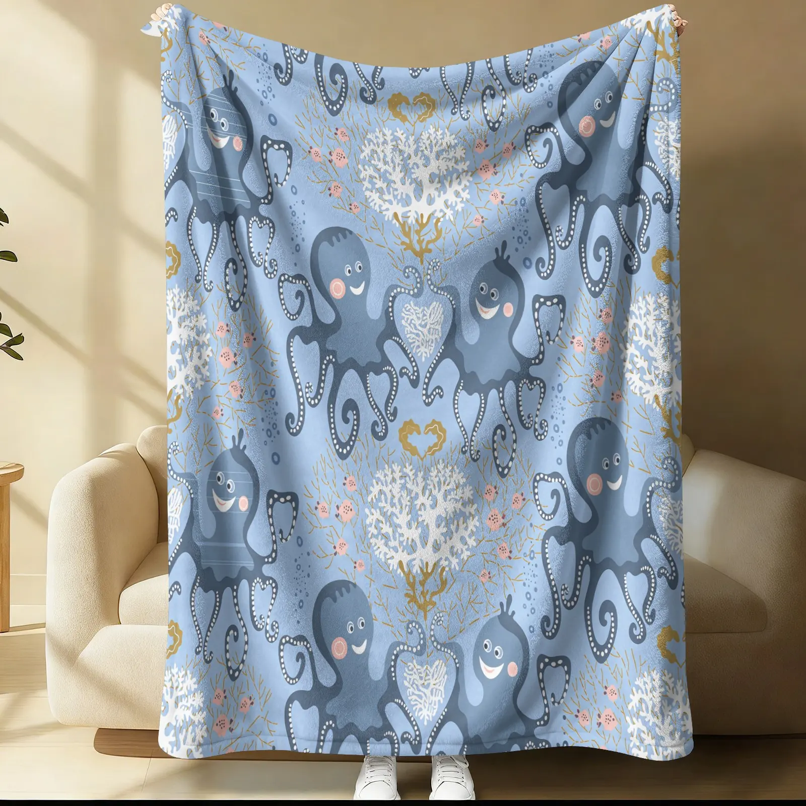 Octopus Pattern Blanket, 1 Piece Soft, Warm And Lightweight Single-Sided Printed Plush Blanket, Suitable For Bed, Sofa, Car, Room Decoration