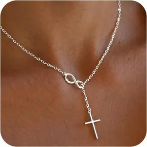 Cross Necklace for Women  Silver Plated Dainty Infinity Long Pendant Charm Necklace Trendy Non Tarnish Waterproof Jewelry Simple Religious Christian Baptism Faith Jewelry Gifts