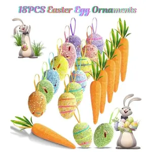 18PCS Easter Egg & Carrot Hanging Ornaments – Colorful Foam Glitter Eggs and Artificial Carrots for Easter Tree Decorations, Spring Home Party Decor, DIY Crafts