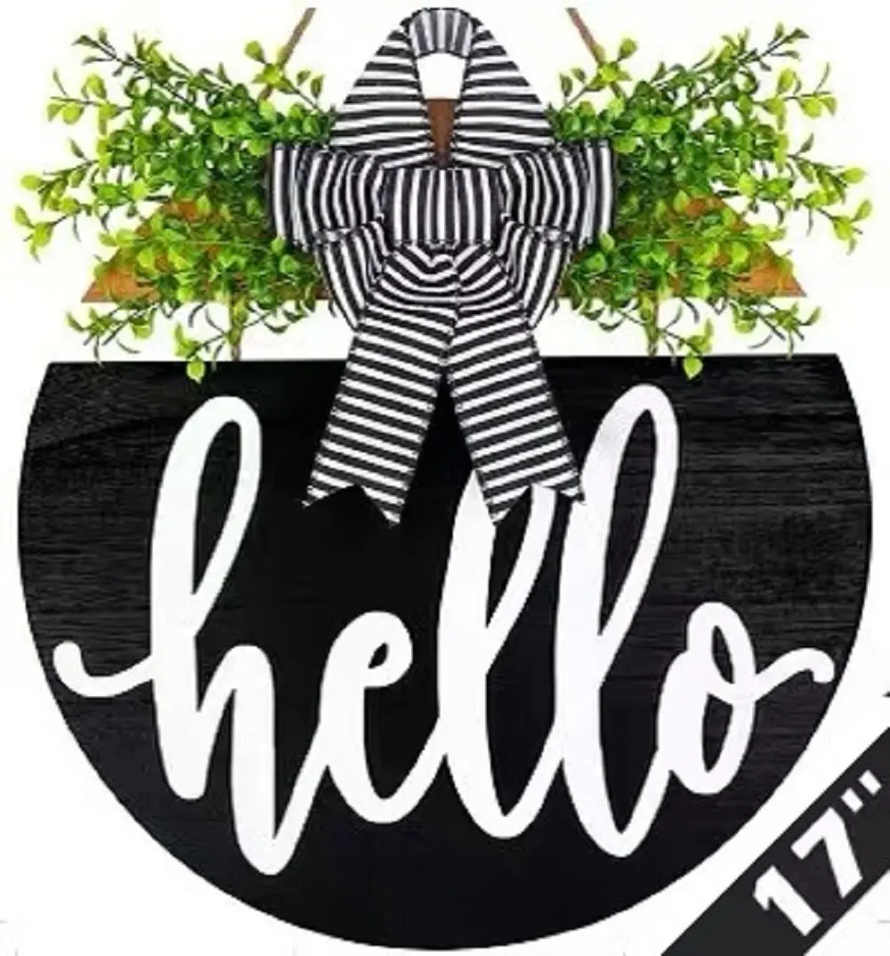 17 inch Large Size Welcome Sign for Front Door, Rustic Porch Décor with Handmade Bow and Large 3D HELLO letters, Wood Farmhouse Wreath, Cute Signs for Front Yard Porch