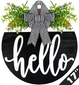 17 inch Large Size Welcome Sign for Front Door, Rustic Porch Décor with Handmade Bow and Large 3D HELLO letters, Wood Farmhouse Wreath, Cute Signs for Front Yard Porch