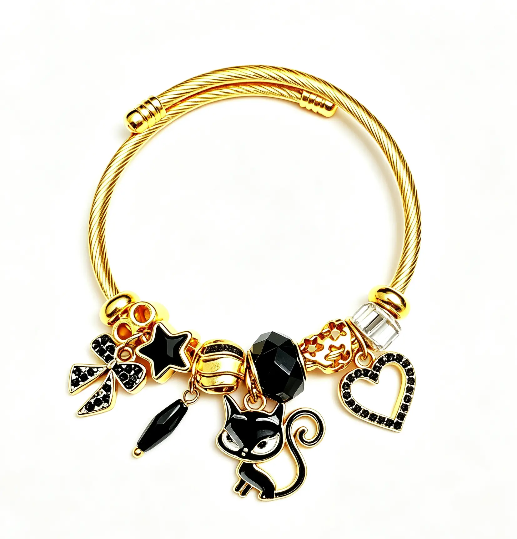 Black Cat Charm Bangle, Gold-Tone Adjustable Cable Wire Bracelet with Black Star Heart Bow Charms, Fashion Jewelry Gift for Women Cat Lovers