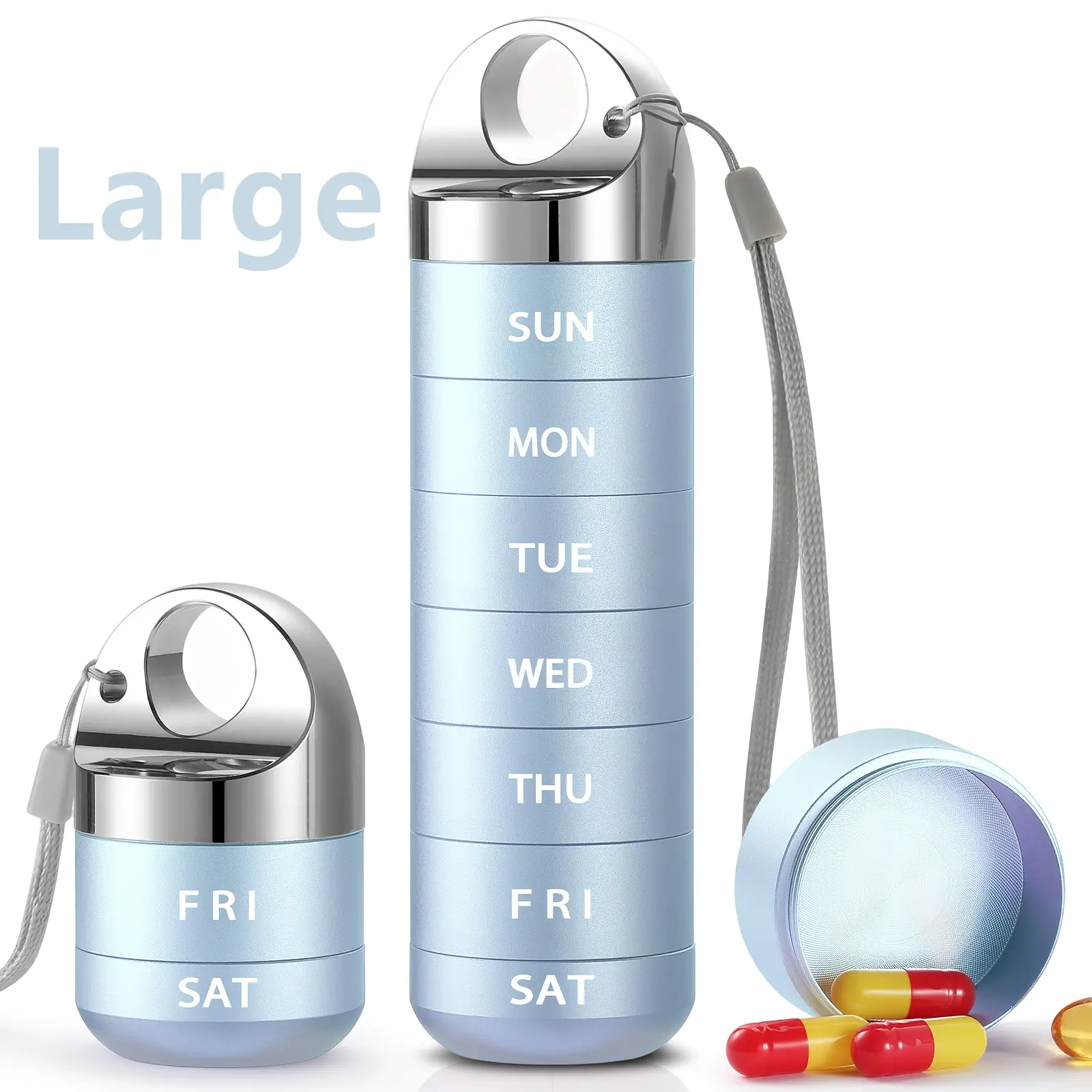 Metal Travel Pill Organizer Box, Supplement Organizer, Vitamin Organizer, Portable Weekly Medicine Holder, Large Aluminum Alloy Container, 7 Day Daily Drug Storage Case