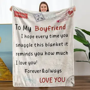 To My Boyfriend Letter Pattern Blanket, Letter Print Blanket, 1 Count Soft Comfortable Throw, Air-Conditioned Room Blanket, Warm Nap Blanket for Home Office, Valentine's Day Gift