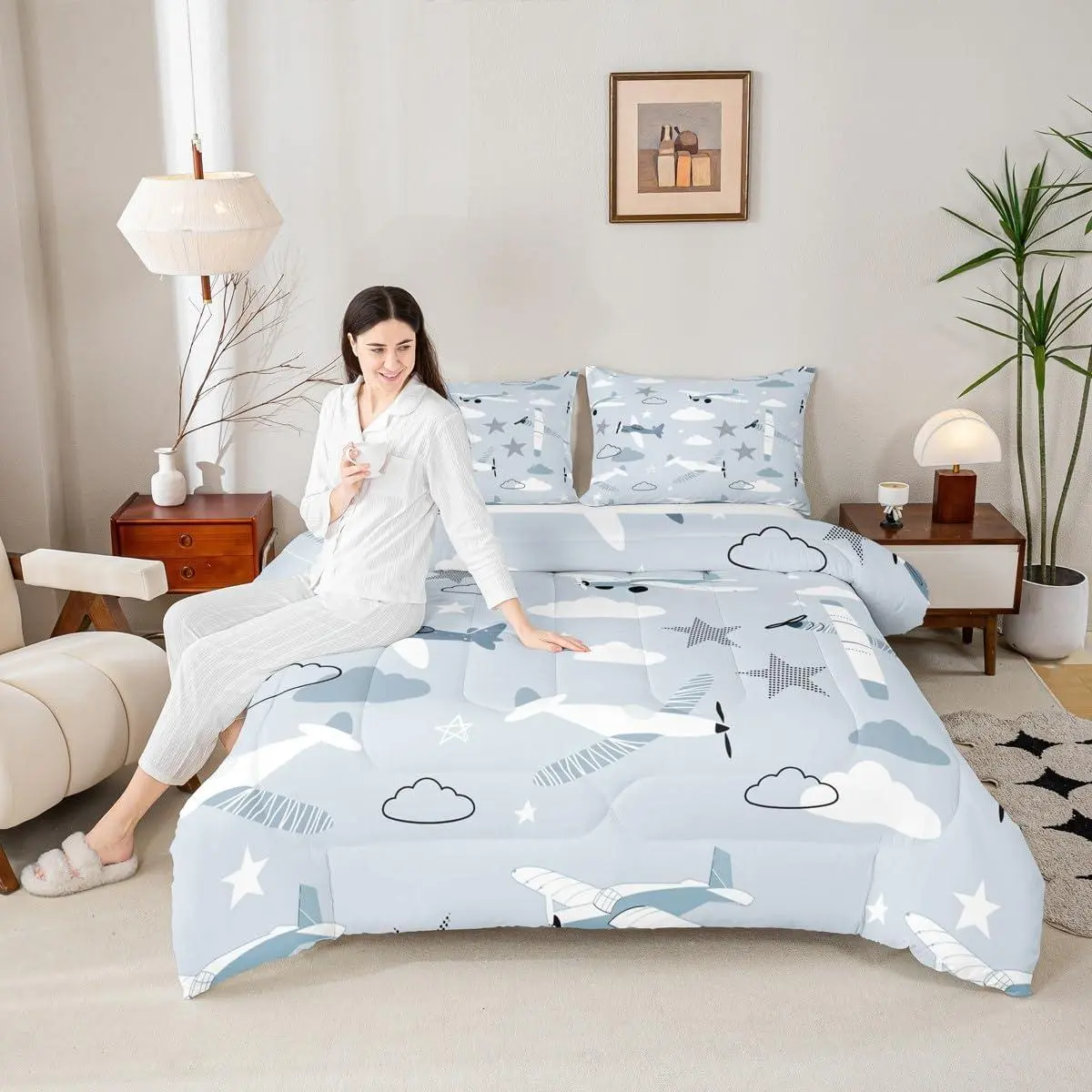 Cartoon Airplanes Kids Comforter Set,Cute Aircraft Toddler Bedding Set for Boys Girls Adults,Starry Clouds Outer Space Adventure Down Comforter,Blue Lovely Duvet Insert