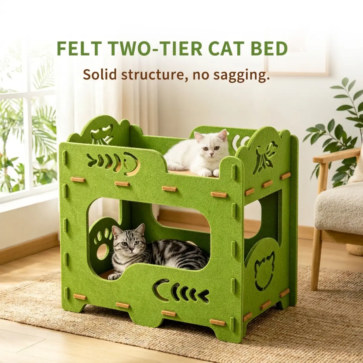 2-Tier Felt Cat Bed – Double Decker Cat Bunk Bed for Indoor Cats, Solid Structure No Sagging, Enclosed Cat Cave House for 2 Cats & Kittens