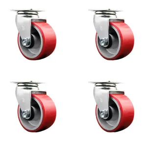 Service Caster SCC-20S420-PUR-RS-4 Swivel Top Plate Caster Set, Red - 4 in. by 2 in. Polyurethane on Cast Iron Wheel Roller Bearing