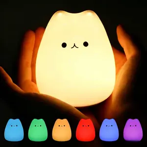 Cute Cat Shape Night Light, Silicone Material, Creative Multi-Color LED Mood Lamp, Adjustable Touch Switch, Battery Operated