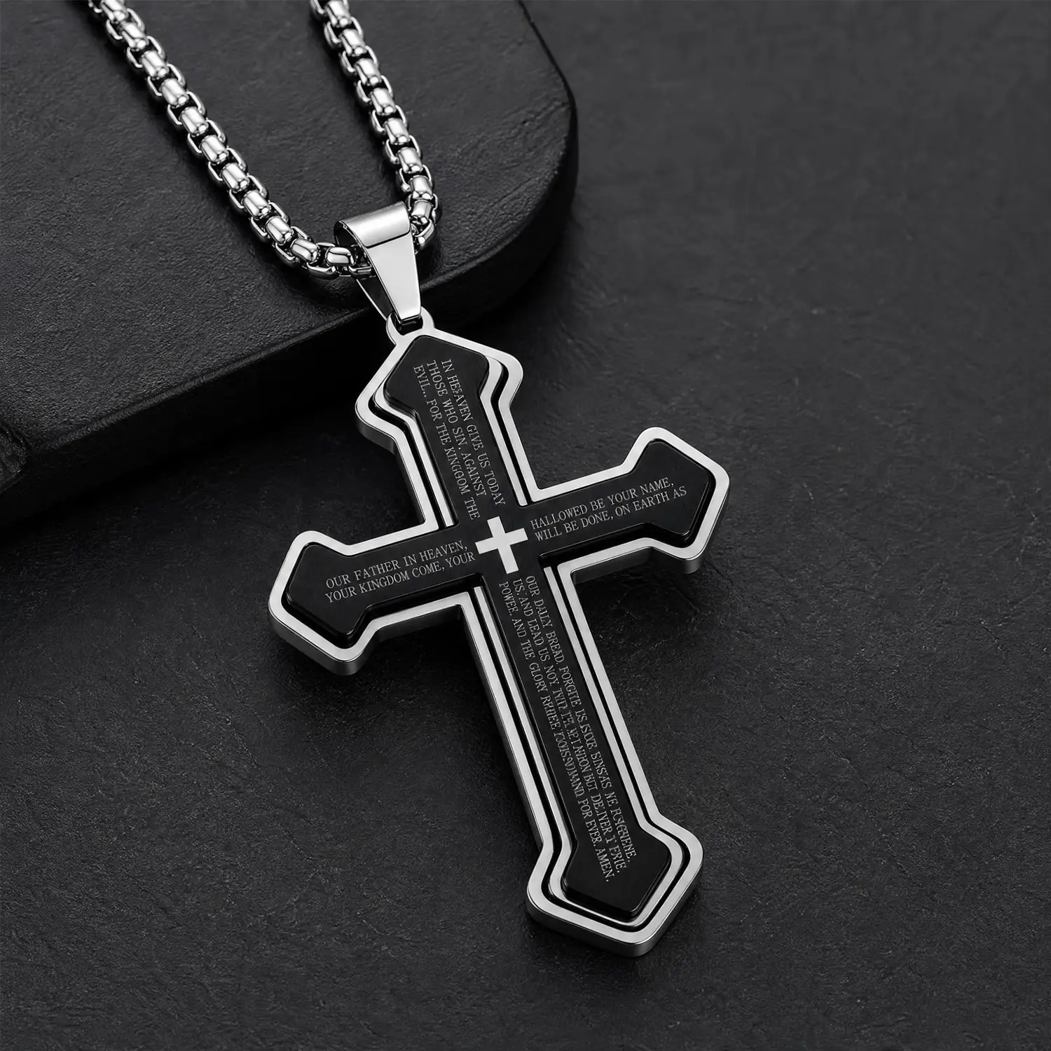 Men's Engraved Bible Verse Cross Pendant Necklace - Rust-Proof Stainless Steel Religious Jewelry, Durable Casual Accessory for Birthday Gifting