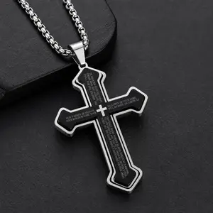 Men's Engraved Bible Verse Cross Pendant - Rust-Proof Stainless Steel Religious Necklace, Durable Casual Jewelry for Birthday Gifting & Personal Style
